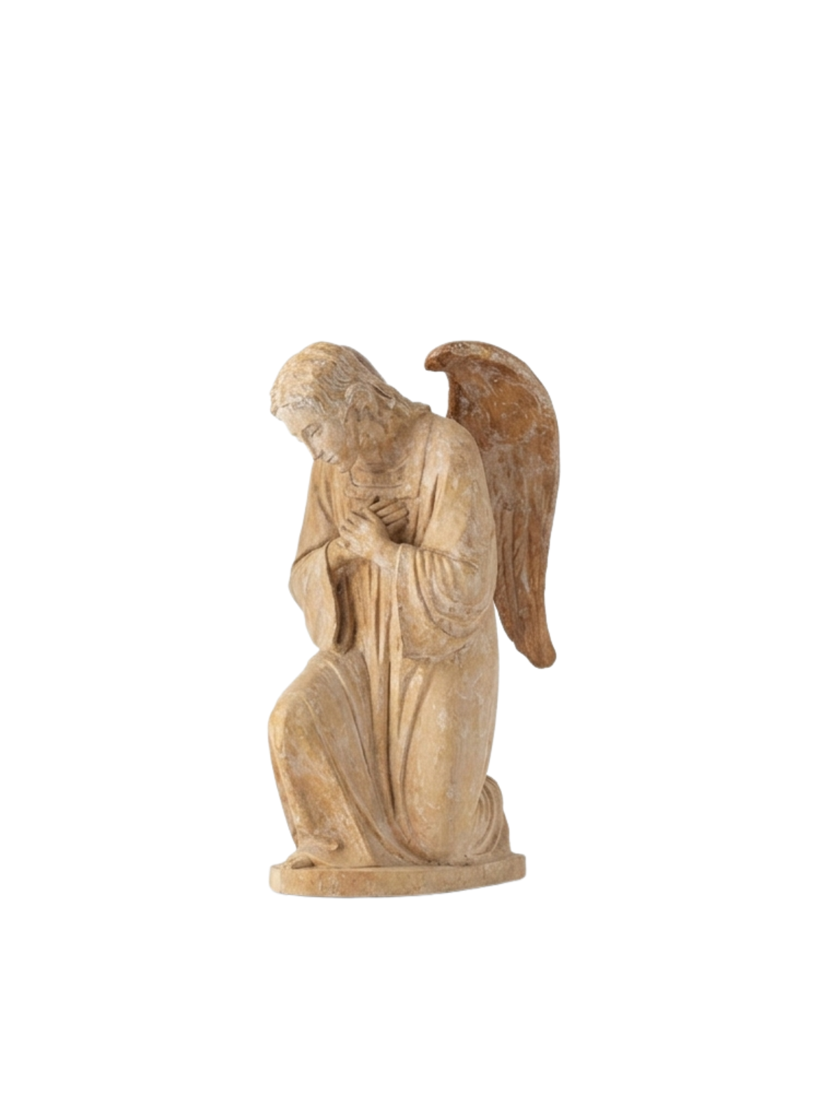 Kneeling Herald Angel figurine with a plaster wash finish and aged European antiquity style.