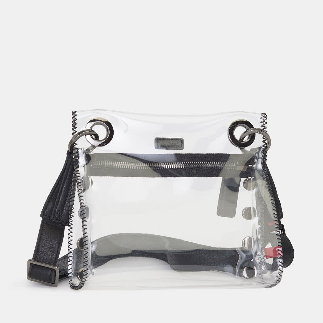 Small clear TPU bag with leather trim, adjustable strap, measuring 8 inches long.