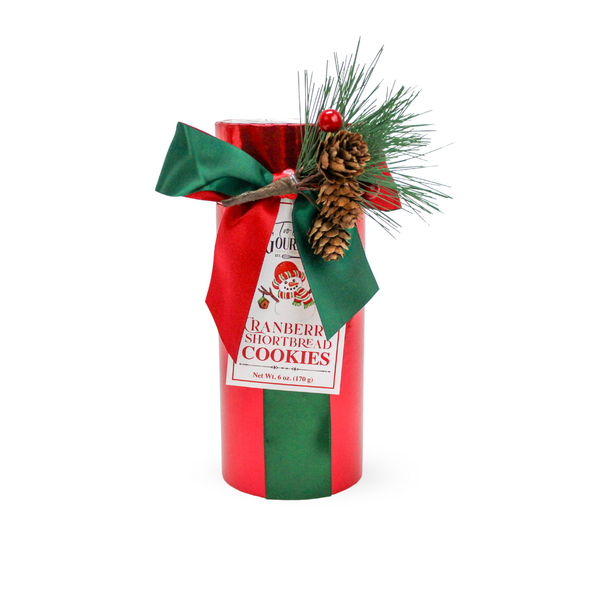 Red metallic tube of white chocolate cranberry cookies with a festive bow and pinecone accent.