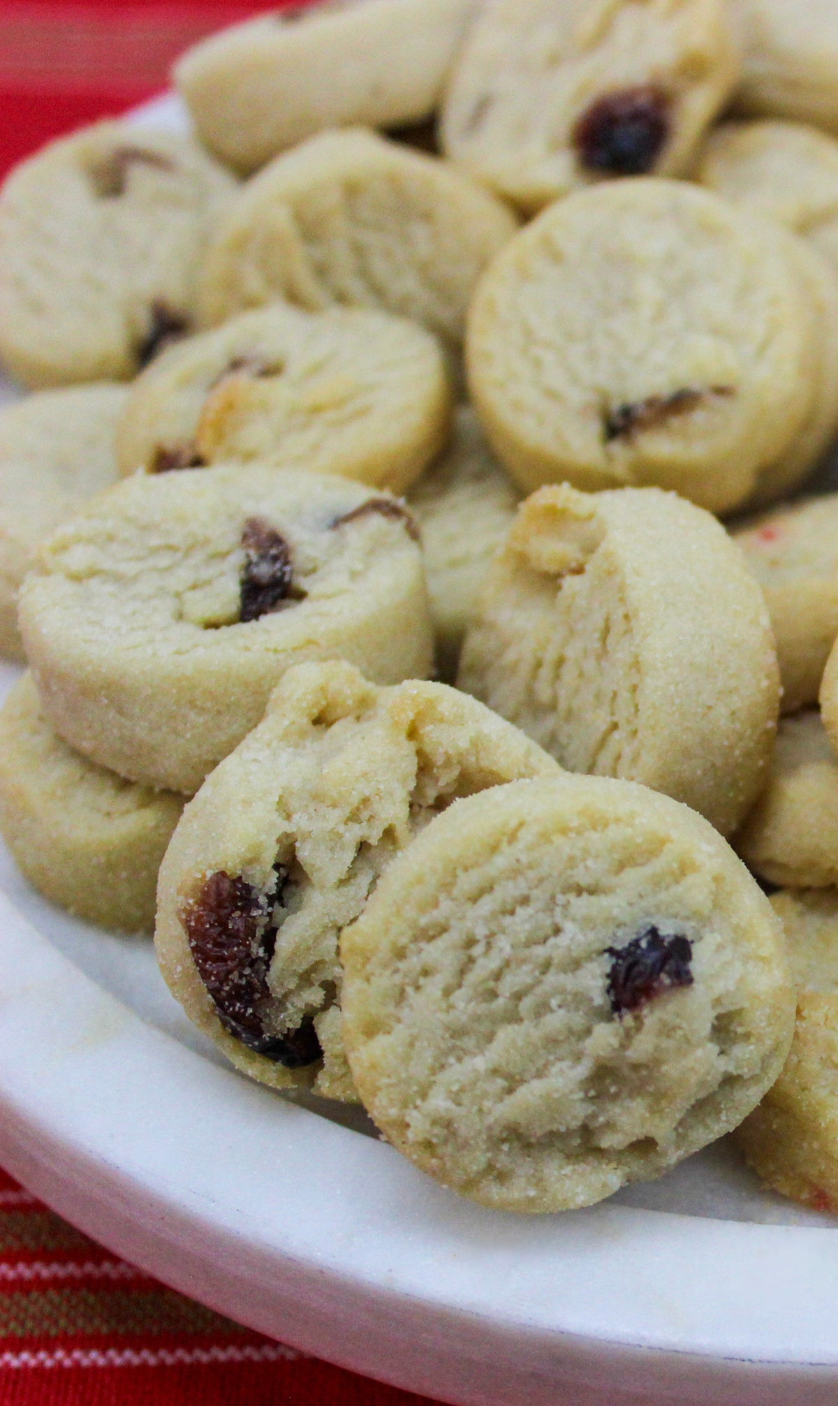 Close-up of round white chocolate cranberry cookies with visible dried fruit pieces on a plate.