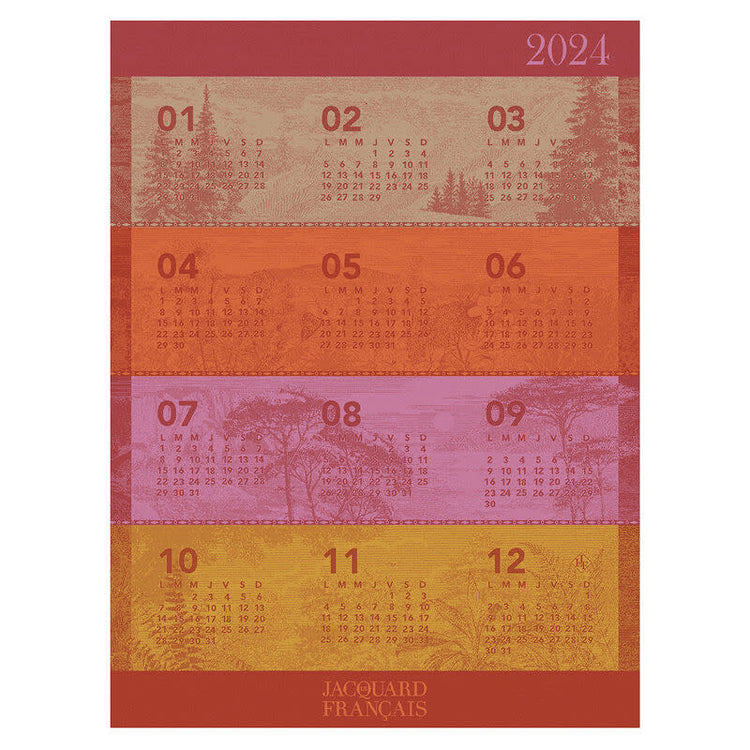 Torchon tea towel featuring a 2024 landscape calendar pattern on white cotton fabric.