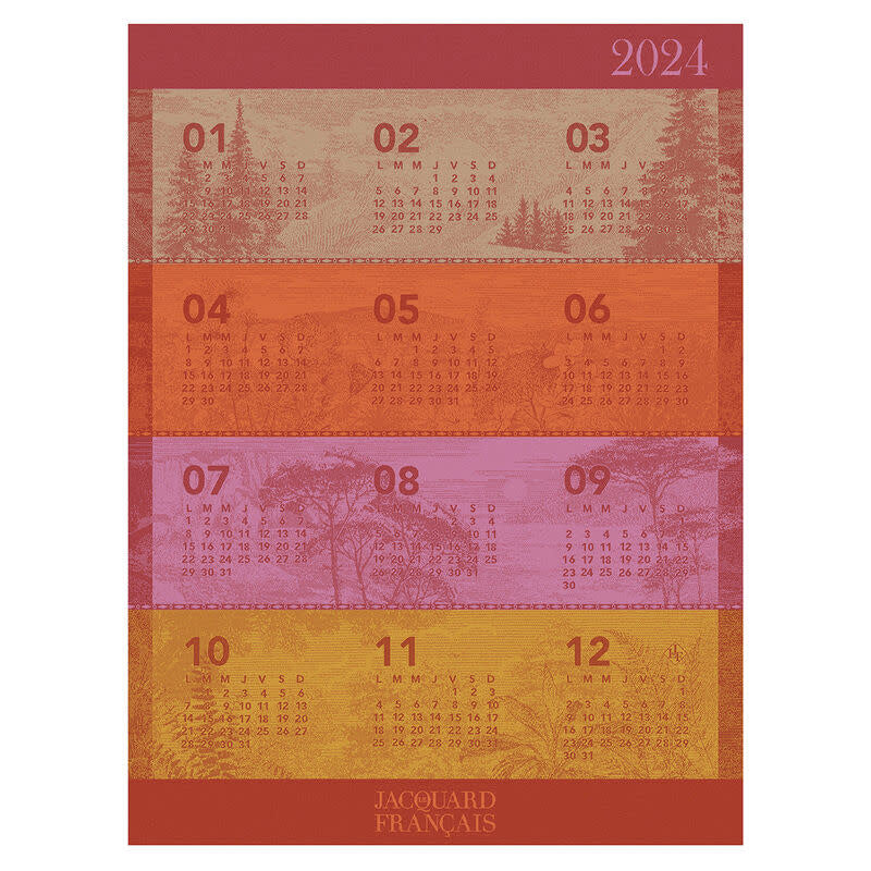 Torchon tea towel featuring a 2024 landscape calendar pattern on white cotton fabric.