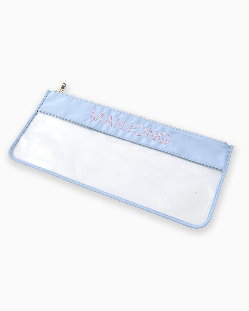 Light blue bamboo mahjong bag with clear front panel and pink embroidered lettering.
