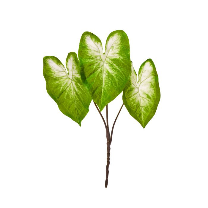 Three artificial Caladium plants with pink and white leaves in black plastic pots on iron wire stands.