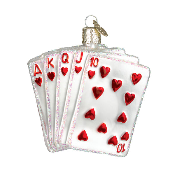 Glass Royal Flush Christmas ornament featuring a hand of five heart cards from Ace to Ten.