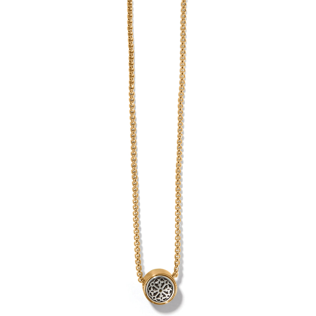 Ferrara Two Tone Luce Mini Pendant Necklace with a gold chain and silver filigree pendant.
