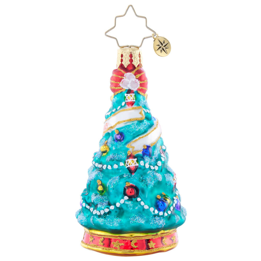 Small wooden Christmas tree ornament with a teddy bear and rocking horse on top.