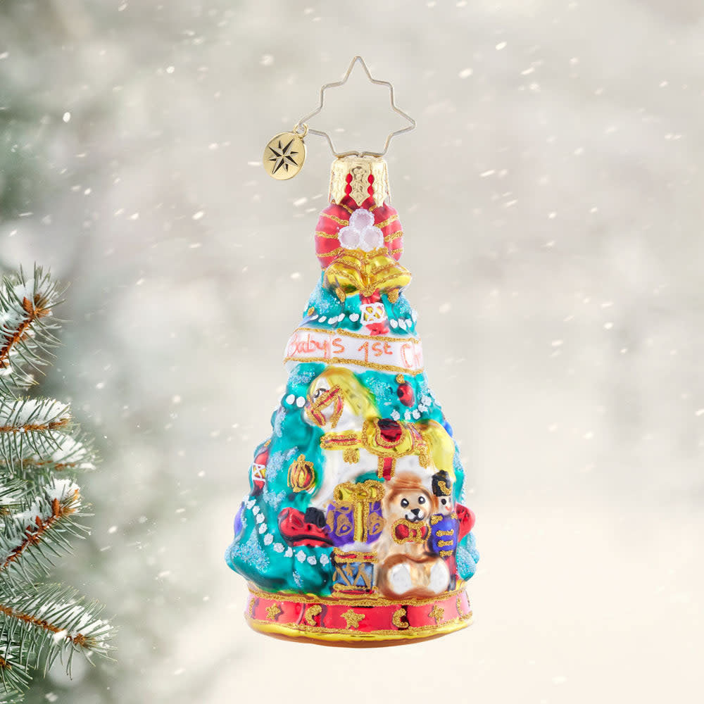 Miniature Christmas tree ornament with teddy bear and rocking horse figurines