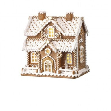 12-inch LED lighted gingerbread sugar and spice village house with white frosting and glitter.
