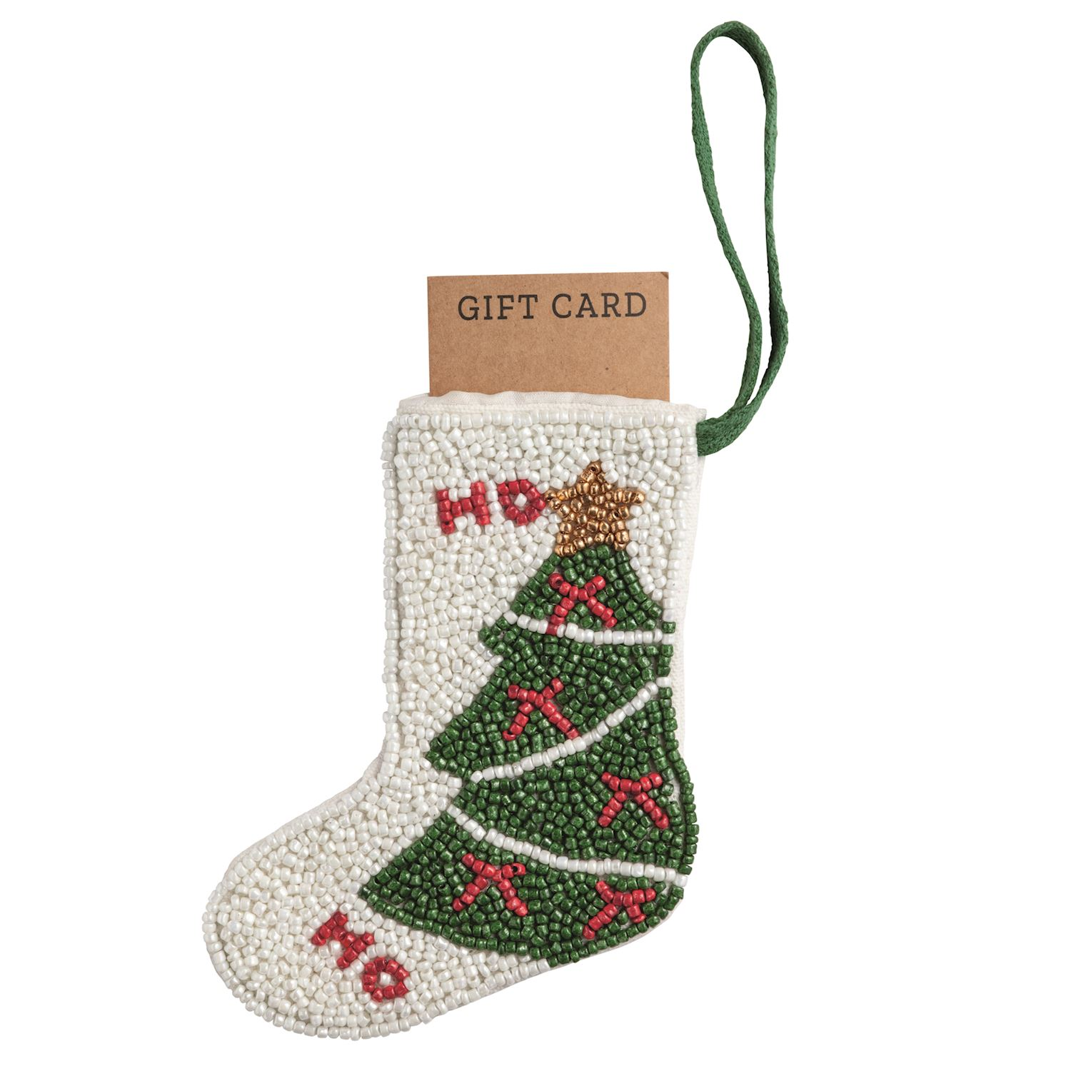 Beaded stocking ornament with a Christmas tree design and a gift card tucked inside.