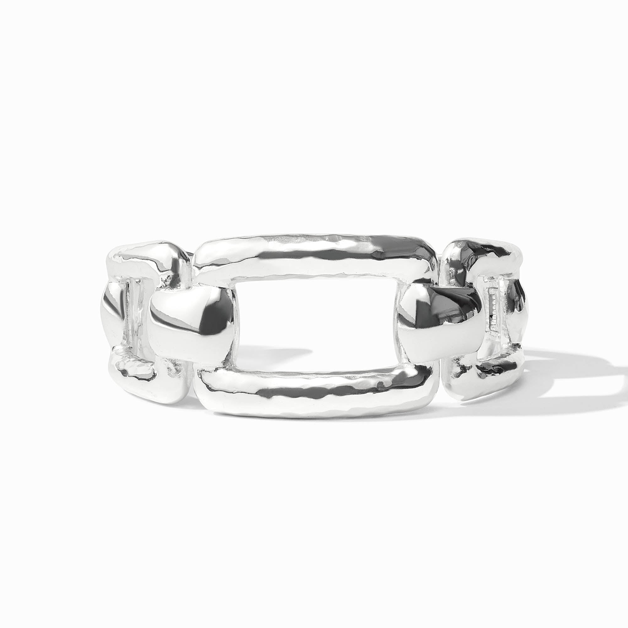 Sahara Cuff Silver featuring a hammered texture and interlocking rectangular link design.