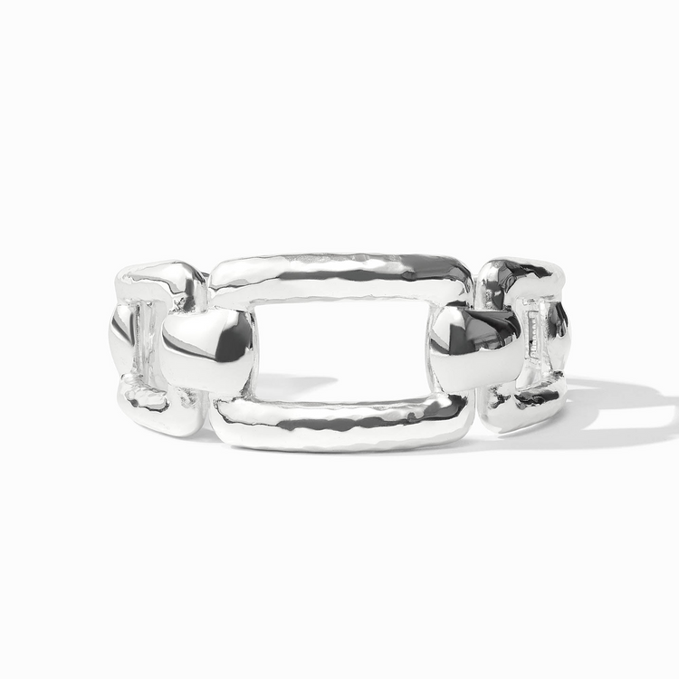 Sahara Cuff Silver featuring a hammered texture and interlocking rectangular link design.