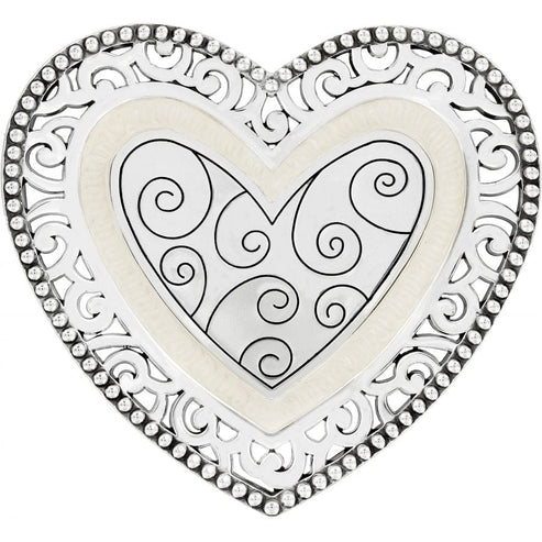 Heart-shaped Lacie Daisy Trinket Tray in silver with inner swirls and a pierced border.