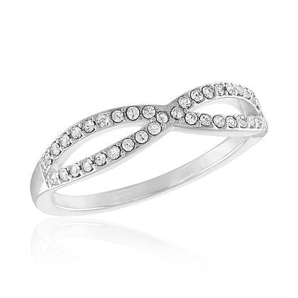 Silver-tone CZ criss cross stack ring featuring two intersecting bands set with clear crystals.