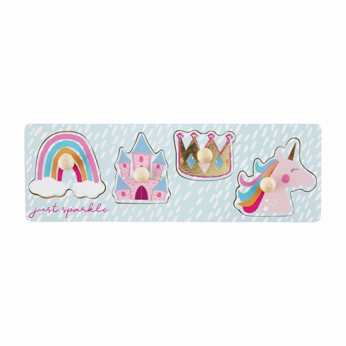 Mango wood toddler puzzle with knob handles featuring rainbow, castle, crown, and unicorn shapes.
