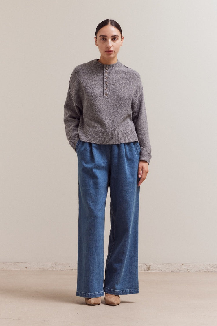 Natasha half button down sweater in soft gray knit with relaxed fit.