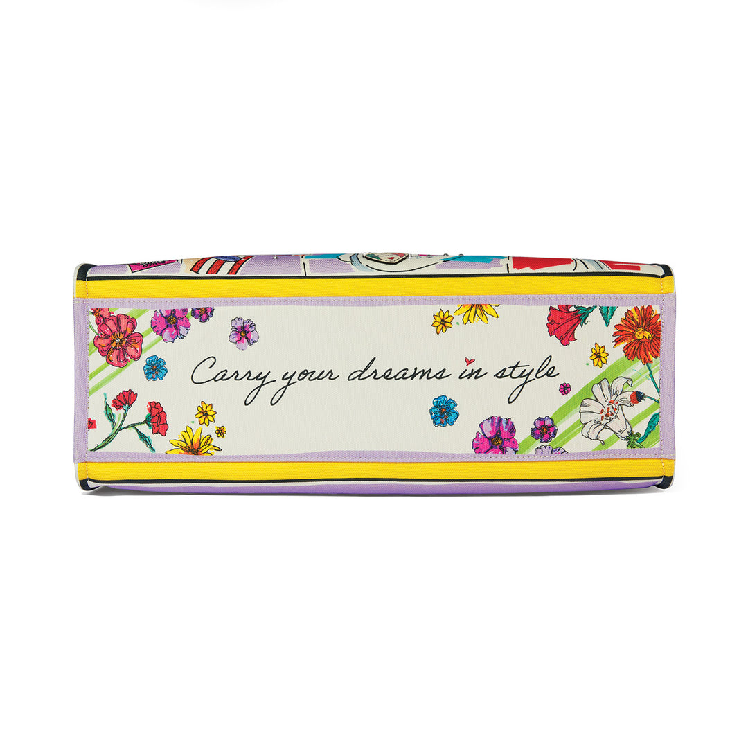Bottom of a canvas tote with floral art and the text "Carry your dreams in style."