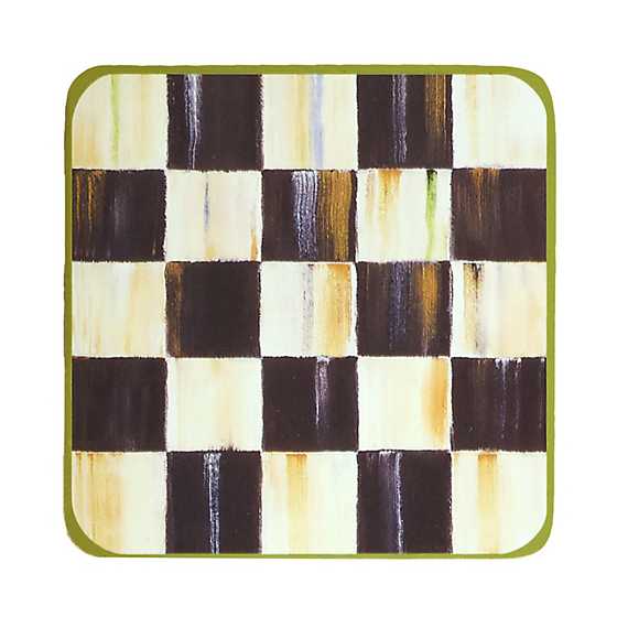 Square cork-backed coaster with a hand-painted black and white checkered pattern and green border.