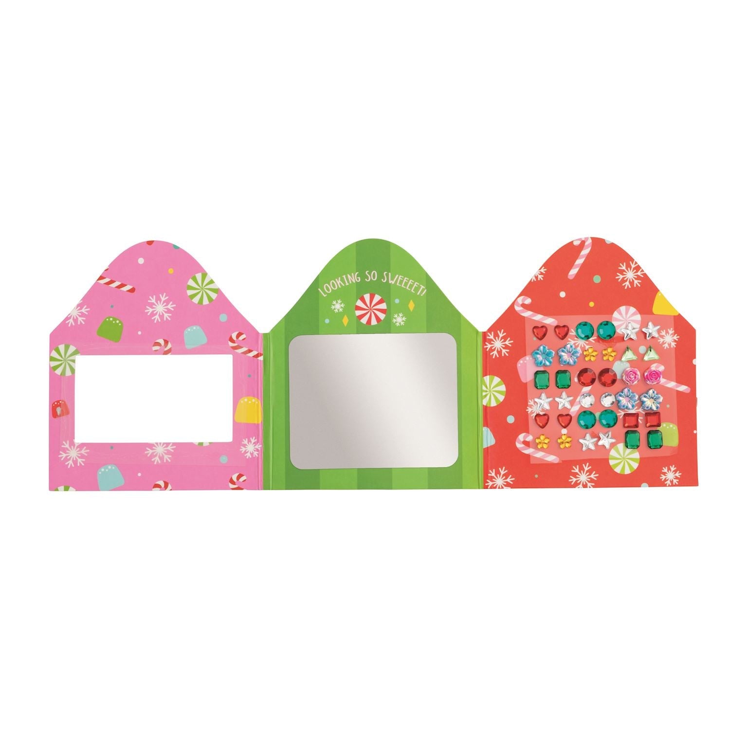 Christmas Glitzy Gems Sticker Earrings on a tri-fold card with a built-in mirror.