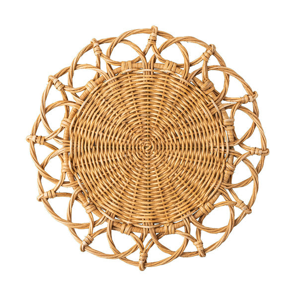 Round natural rattan placemat with a woven center and decorative scalloped loop border.