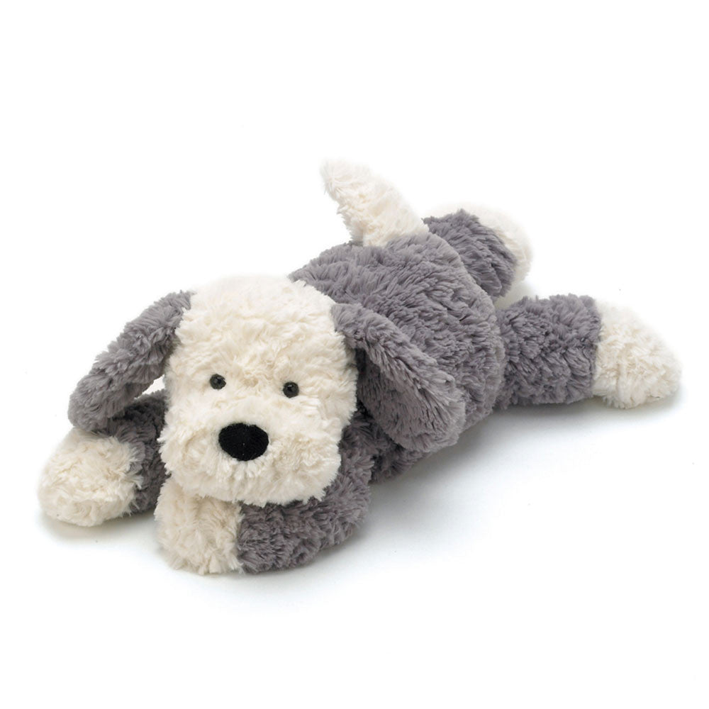 Tumblie Sheep Dog Medium plush toy in a lying position with grey and cream shaggy fur.
