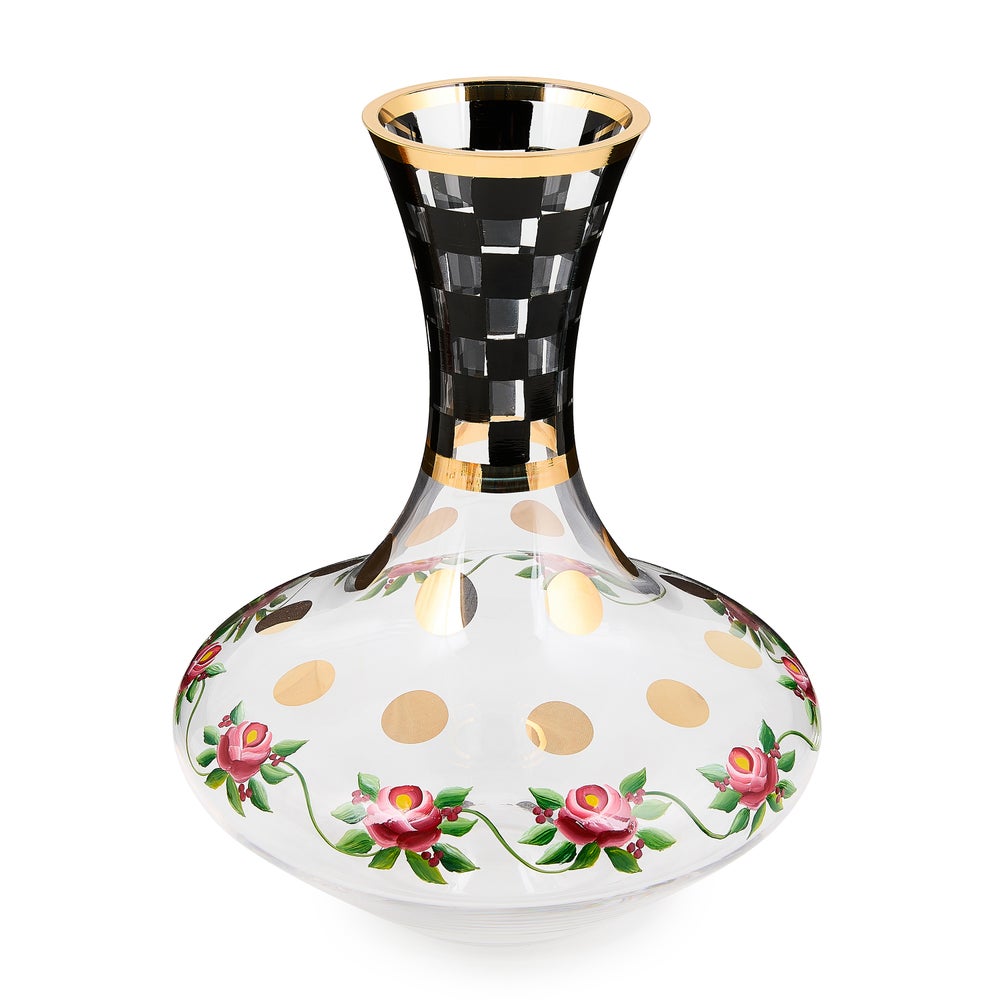 Carnival Black Wine Decanter with hand-painted roses, gold dots, and a checkered neck.