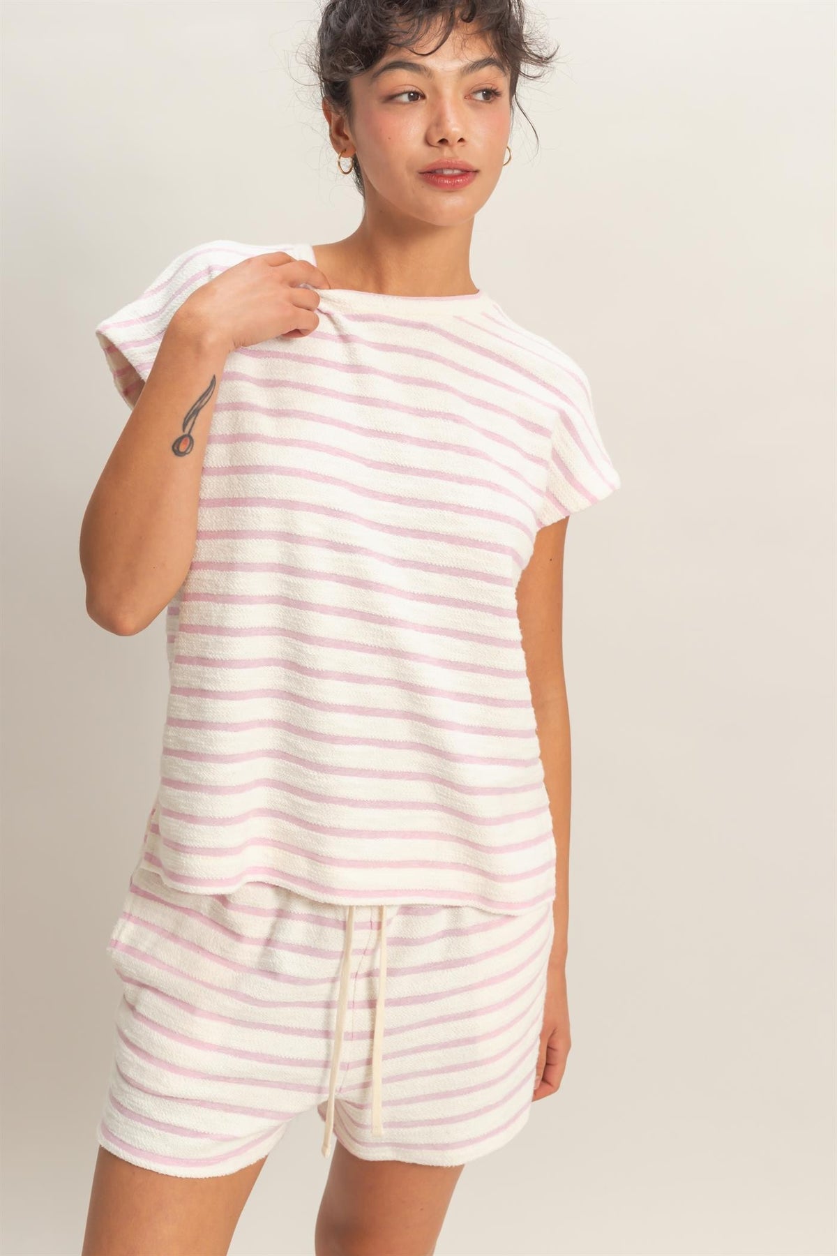 Sandra striped round neck short sleeve top in cotton polyester blend
