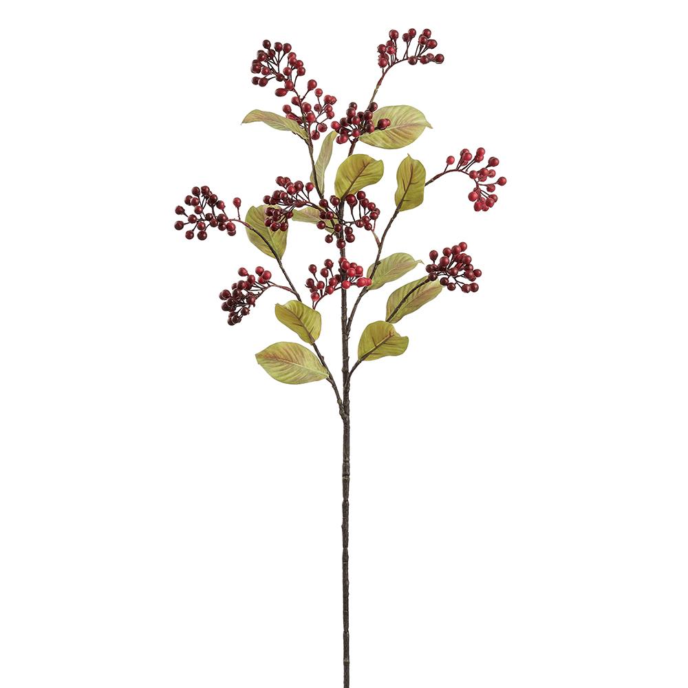 37-inch artificial Crape Myrtle Berry Spray with red berries and green leaves on a brown stem.