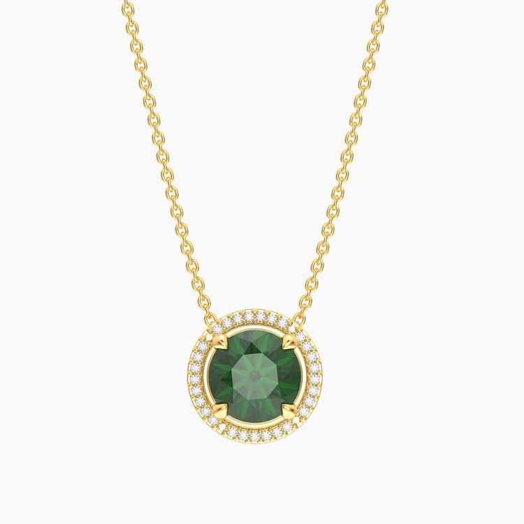 Gold-plated birthstone pendant necklace with a round green center stone and diamond halo.