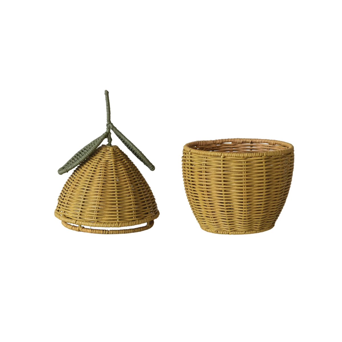 Hand-woven yellow rattan basket shaped like a lemon with natural texture.