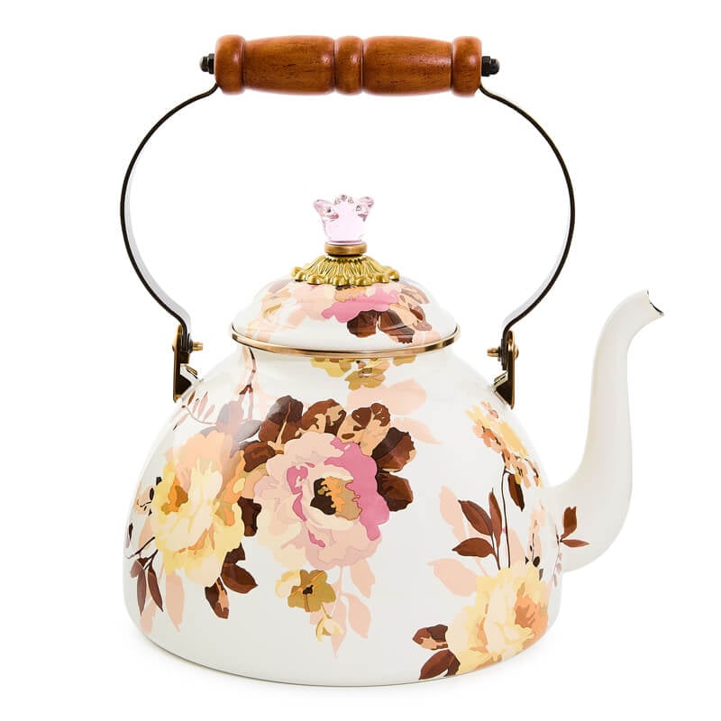 Wild Rose White 3 Quart Tea Kettle with floral pattern, wooden handle, and pink glass knob.