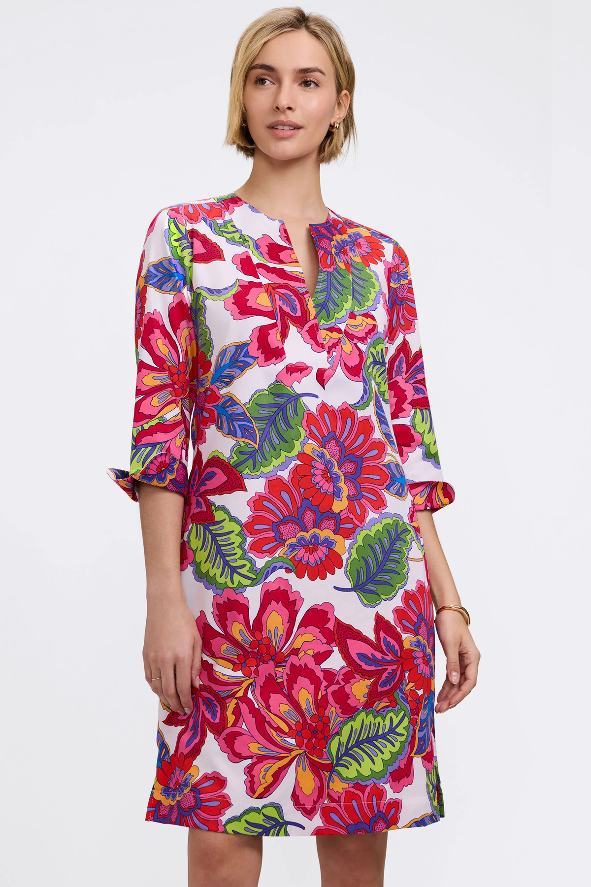 Vena Paradise Blooms dress in cotton with floral print, three-quarter sleeves, and A-line silhouette.