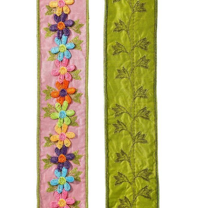 Pink green Dupion ribbon with a flower power print.