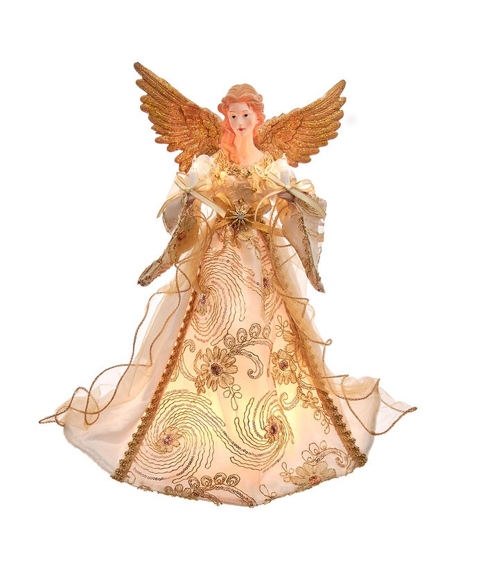 Pre-lit ivory angel treetop with gold sequin dress, glittered wings, and ten clear incandescent bulbs.