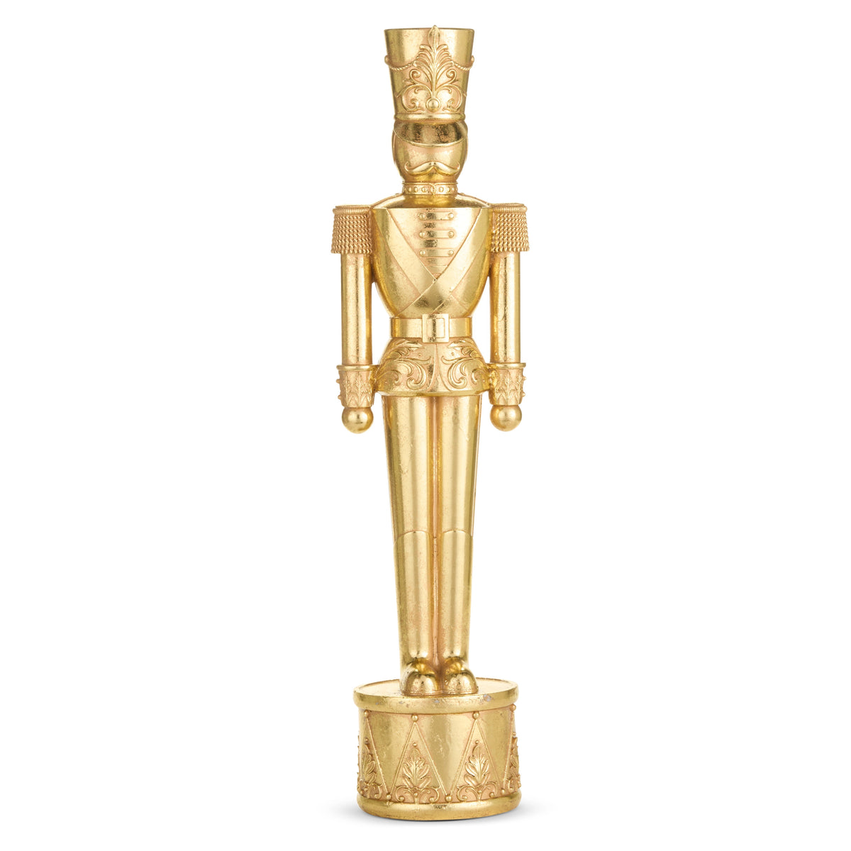 24.5-inch gold toy soldier nutcracker figurine standing on a decorative drum base.