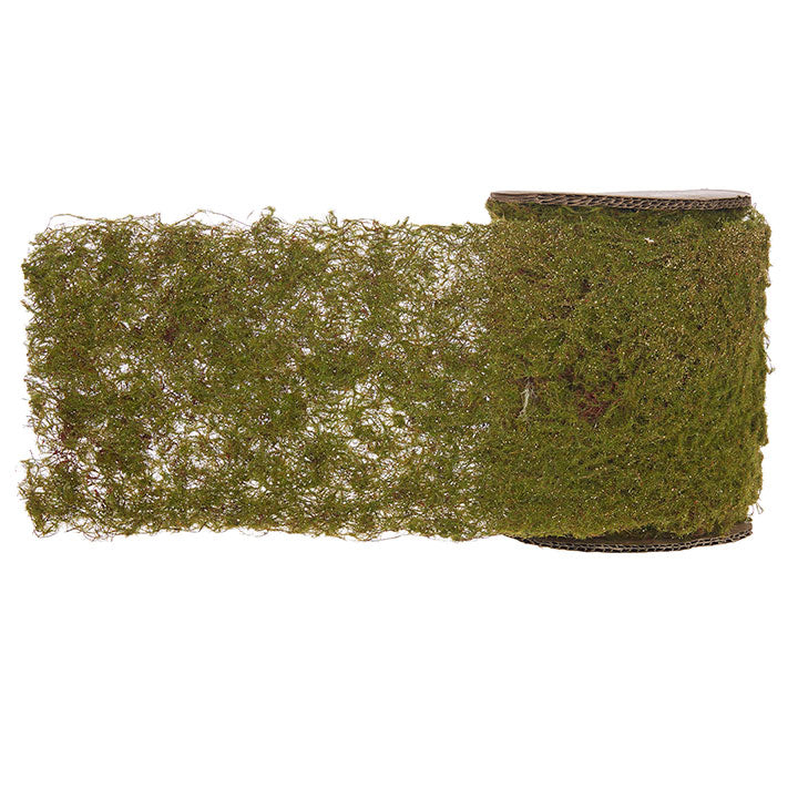 6 inch by 6 foot roll of green textured moss ribbon made of polyester.