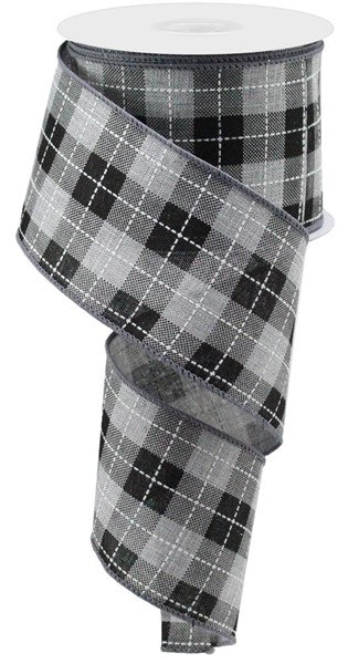 2.5-inch wide grey and black buffalo check ribbon on a spool.