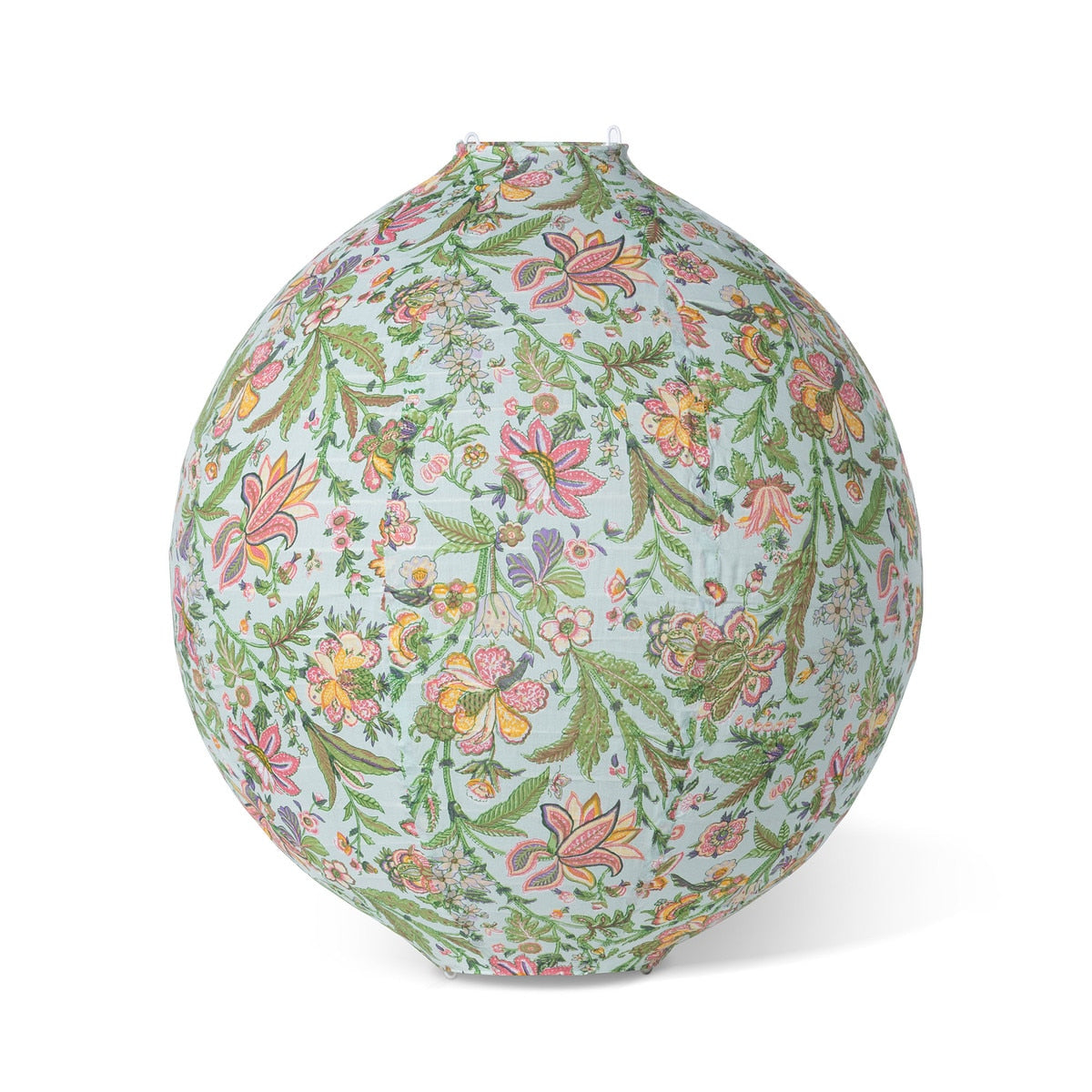 Large sea green cotton hanging lantern with a colorful floral and botanical pattern.