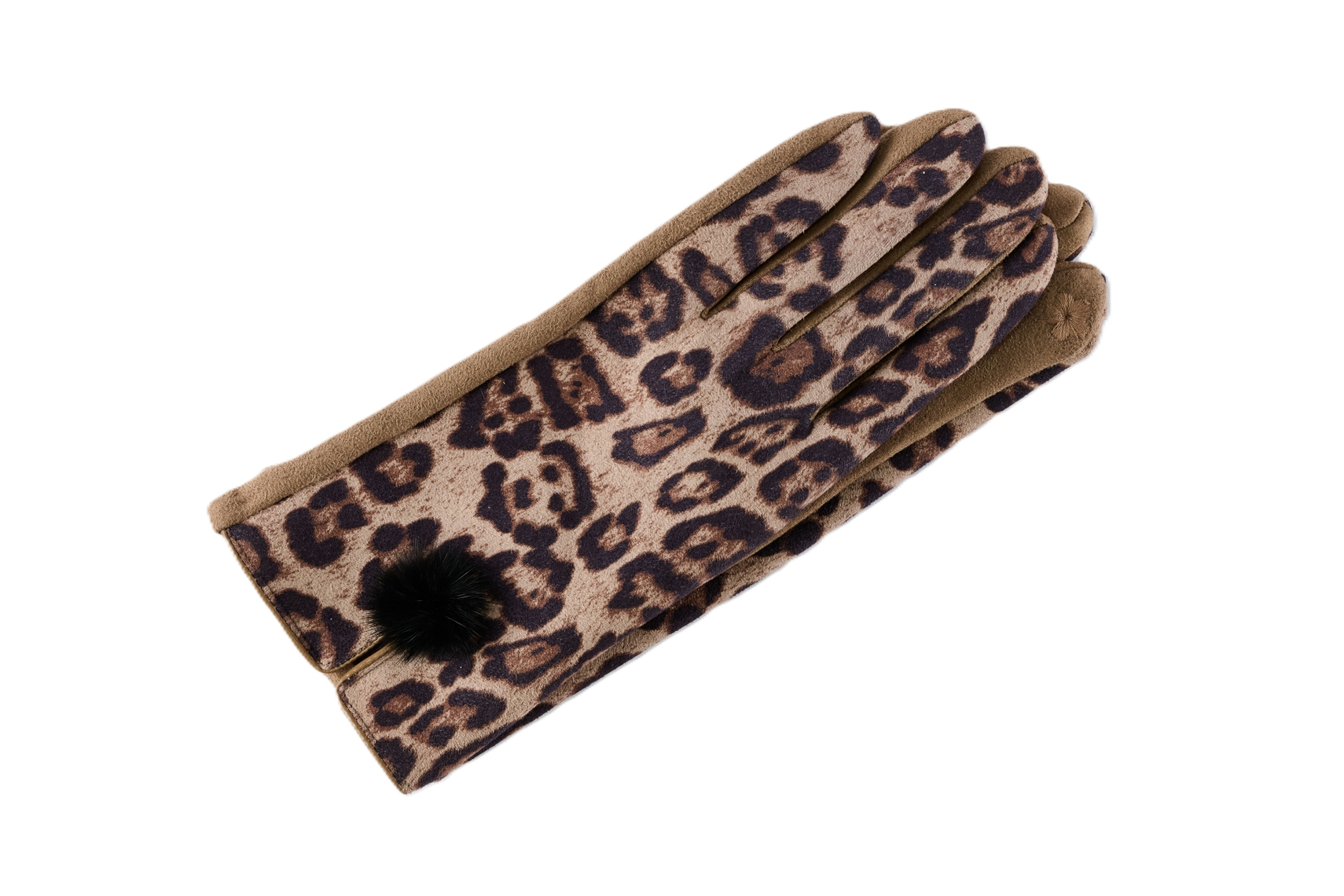 Leopard print gloves with a black fur ball accent and soft fleece lining on a white background.