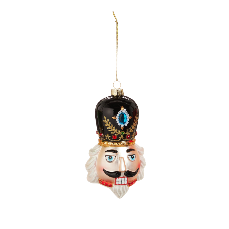 4.75-inch glass nutcracker head ornament with a black jeweled hat and white glittery hair.