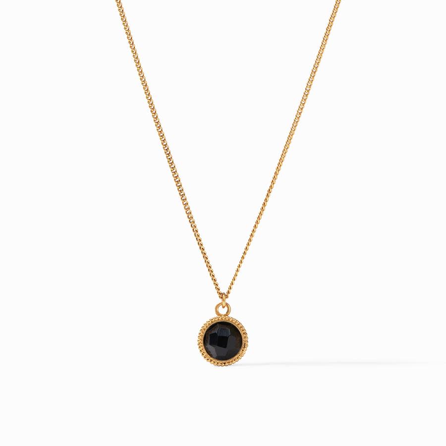 Obsidian black solitaire pendant with fleur-de-lis motif on a gold plate chain