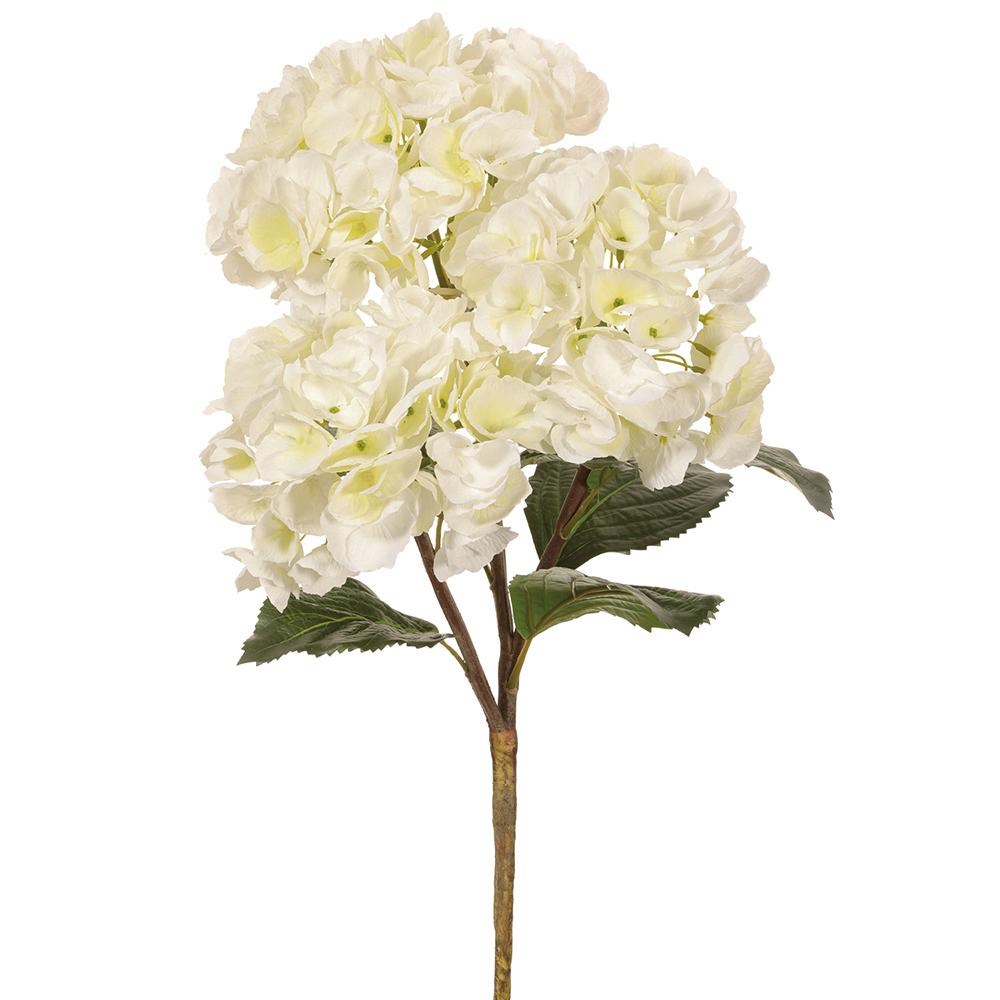 White hydrangea spray artificial floral arrangement with polyester petals on a wire stem.