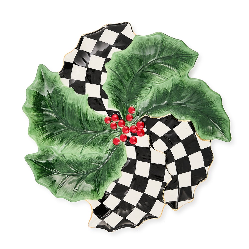 Holly Leaf Ceramic Serving Platter with green leaves, red berries, and black and white checkers.