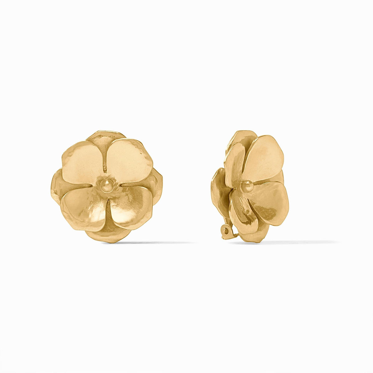 Gold-plated clip-on earring with a small floral bloom silhouette.