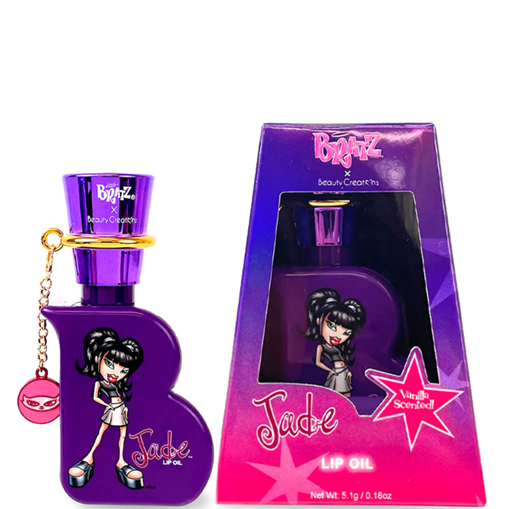 Bratz x Beauty Creations Jade Lip Oil in a purple B-shaped bottle with a vanilla scent.