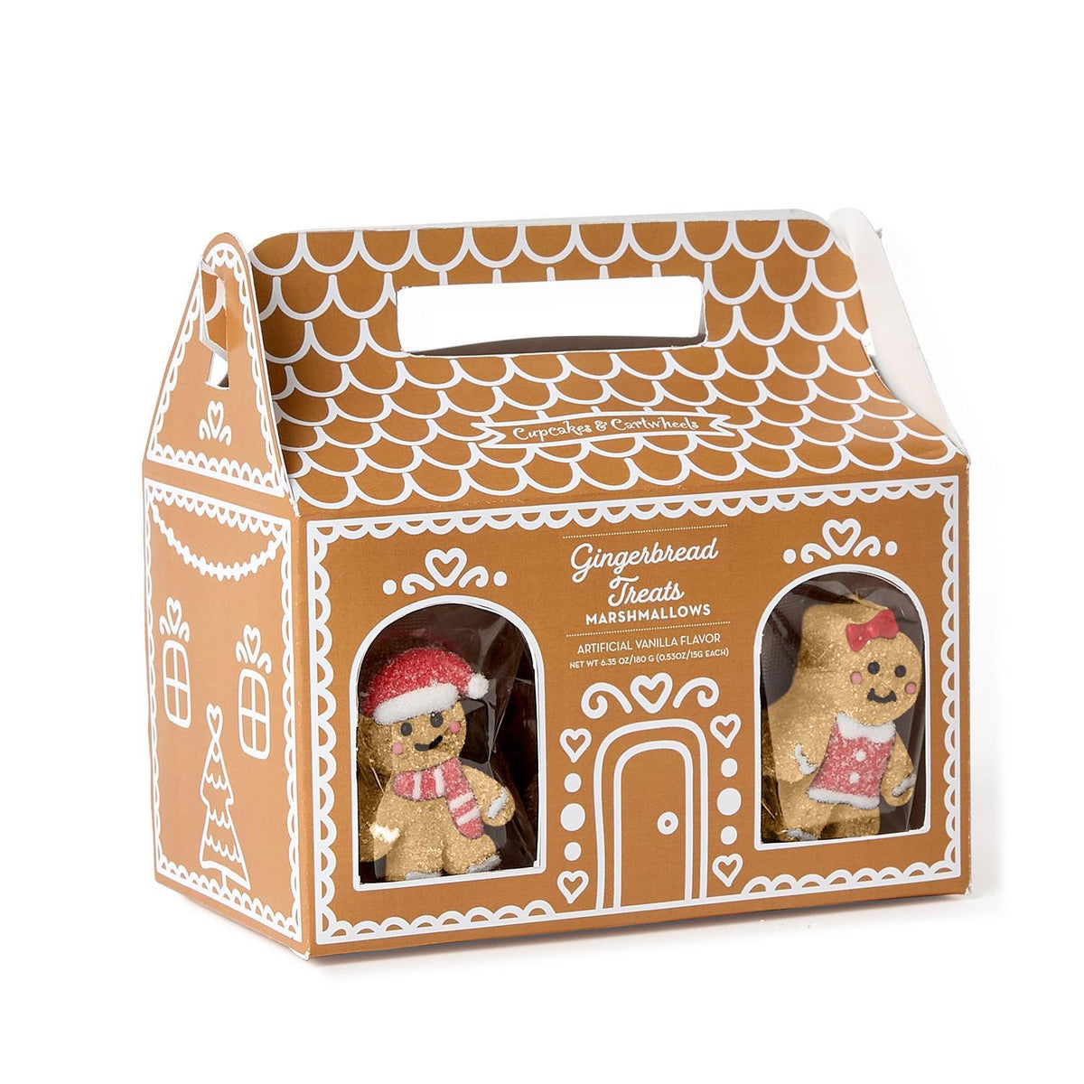 Gift box containing twelve individually wrapped vanilla gingerbread marshmallow treats with house designs.