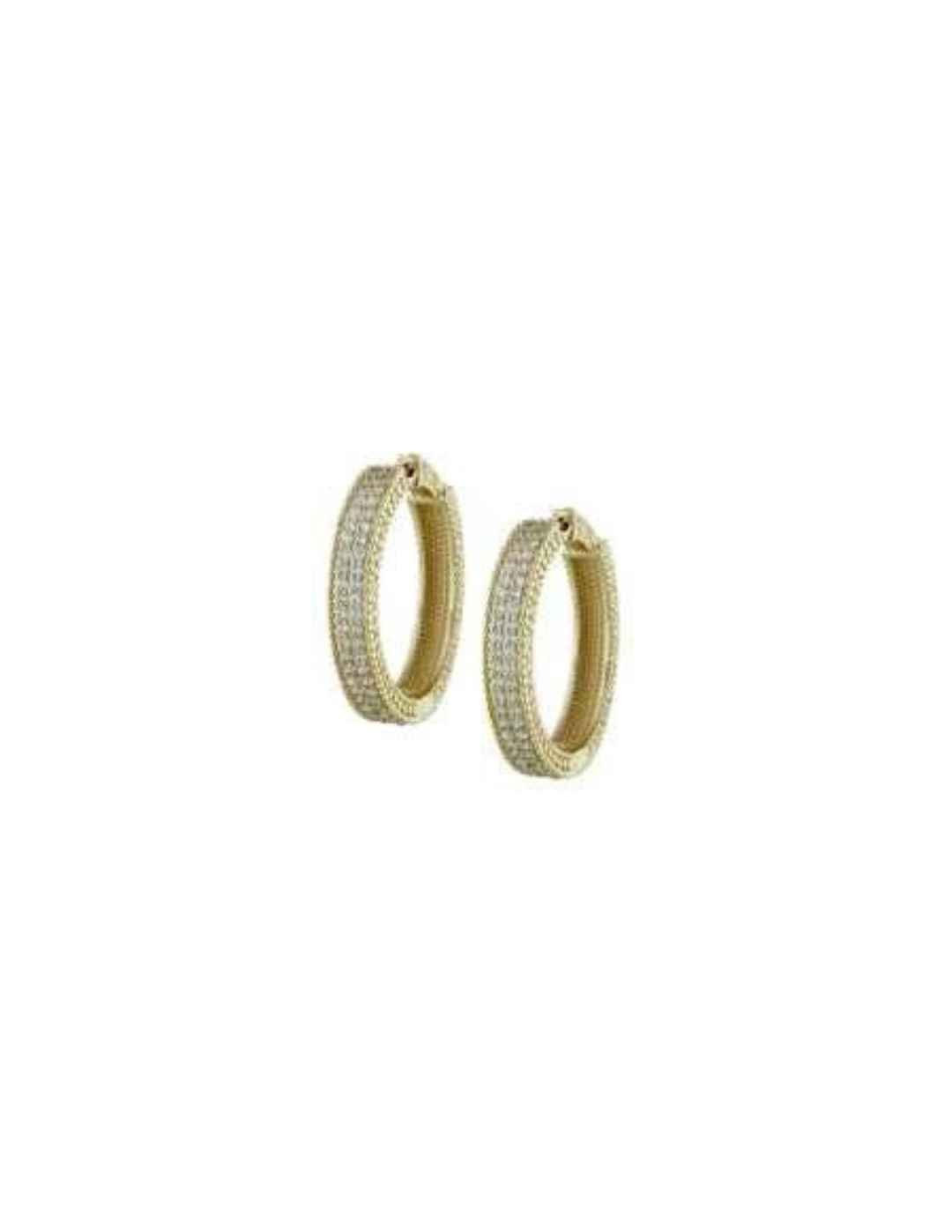 Small gold hoop earrings with multiple rows of clear cubic zirconia stones.