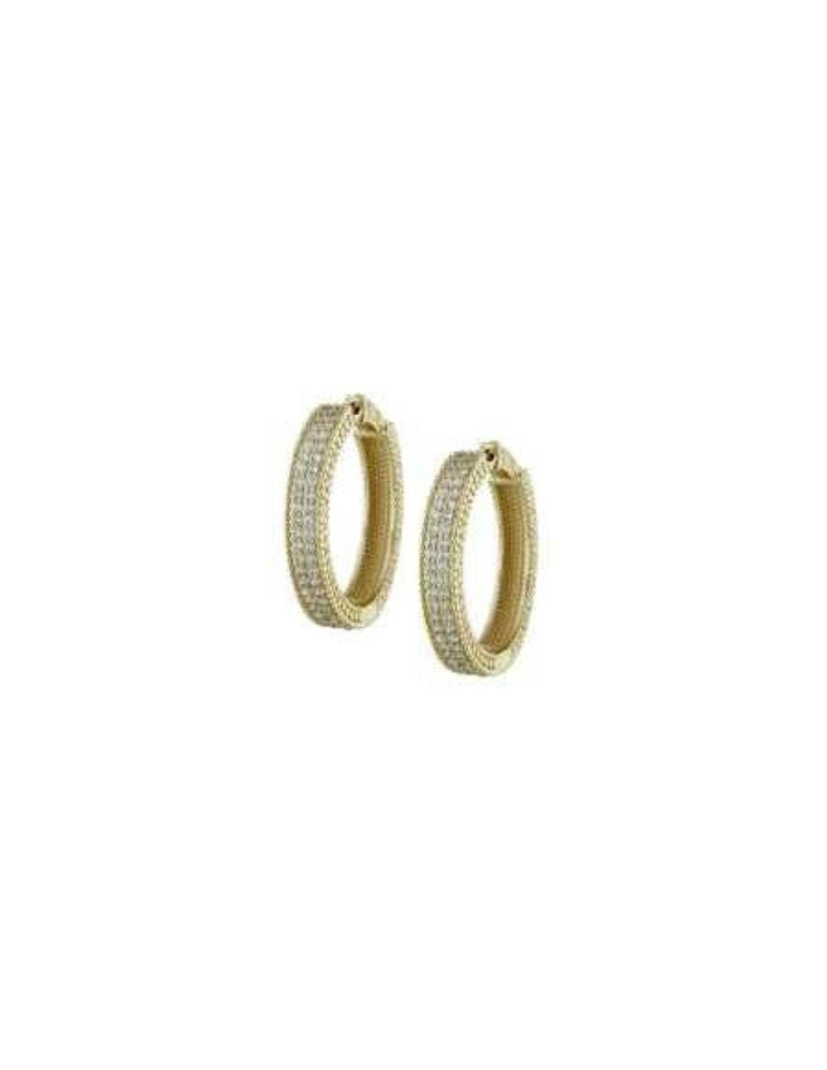 Small gold hoop earrings with multiple rows of clear cubic zirconia stones.