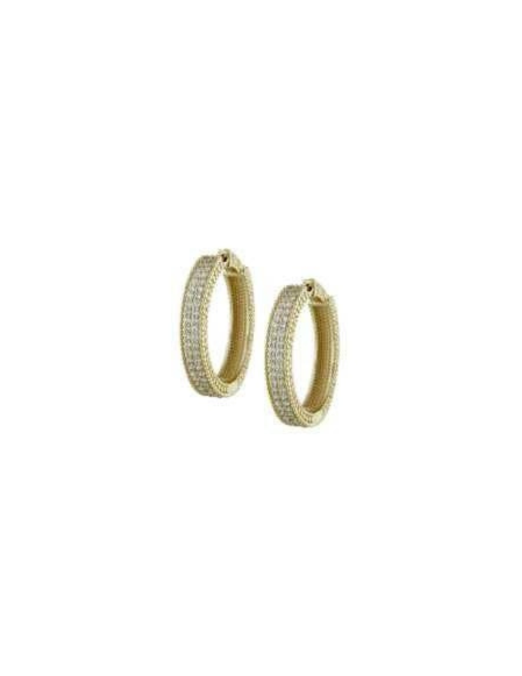 Small gold hoop earrings with multiple rows of clear cubic zirconia stones.