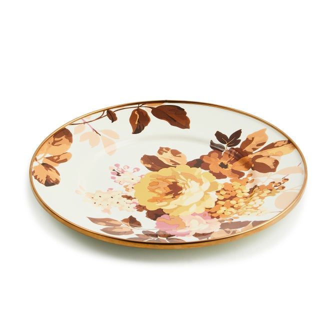 Wild Rose White Salad Plate with a gold rim and autumn-toned floral pattern.